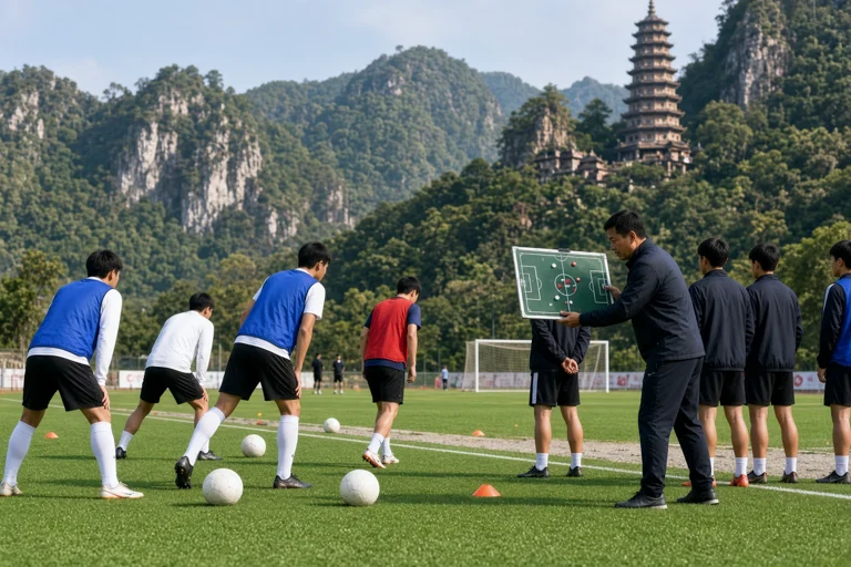 峨眉山背景下的青少年足球赛事场地，体现全国青少年赛事氛围